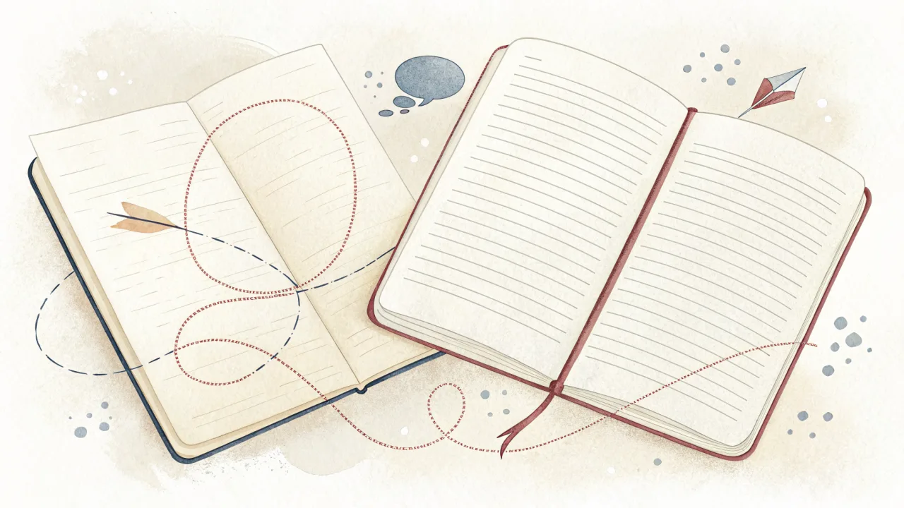 A notebook open on a wooden desk, the blank page waiting