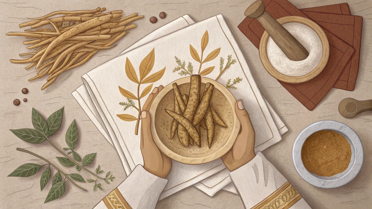 Ashwagandha root beside a cup of tea on a warm wooden surface