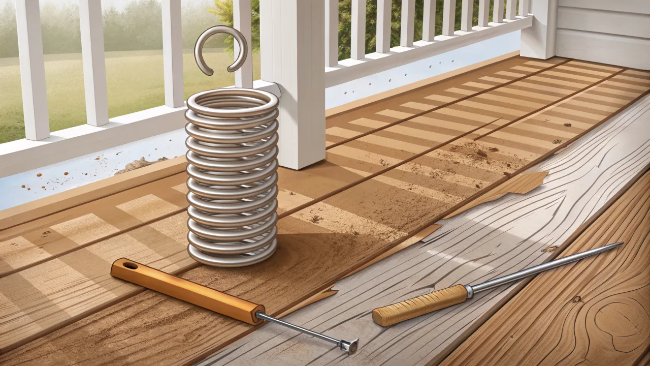 A coiled tension spring, held in warm light