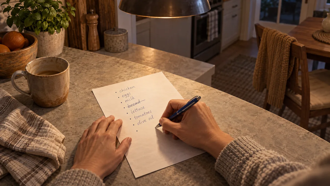 Uma página de caderno cheia de um despejo mental sem ordem, com uma caneta ao lado